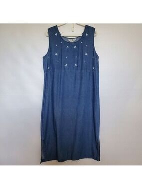 VICTORIA MOON VINTAGE MIDI DRESS DENIM CHAMBRAY EMBROIDERED FLOWERS WOMEN (XL)
